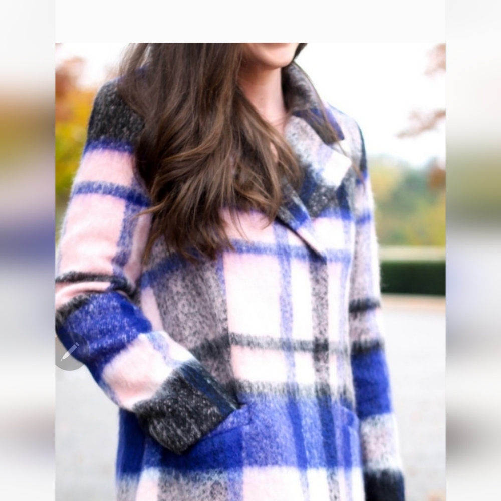 Elle Pink and Blue Plaid Teddy Pea Coat Jacket Med
